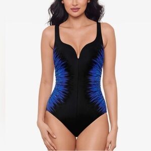 Chicos Miraclesuit Women's Black and Blue Swimsuit Sz 12 New nwt